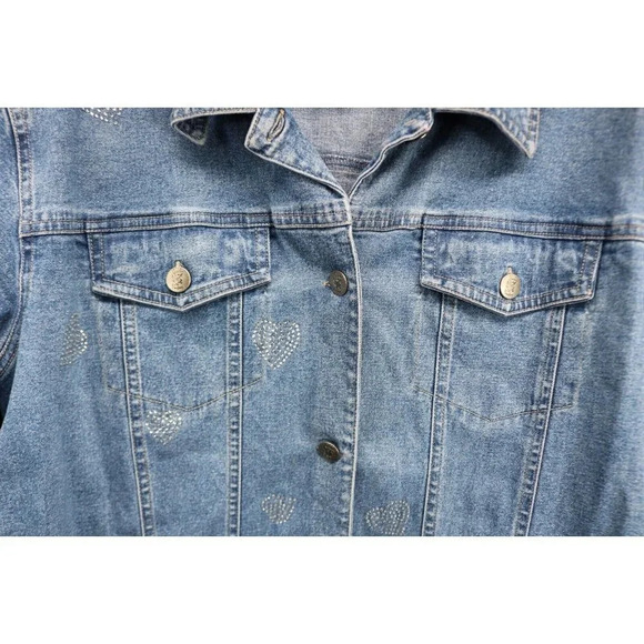 Quaker Factory Blue Denim Jean Jacket-Size Large-Rhinestone Hearts - Picture 7 of 10